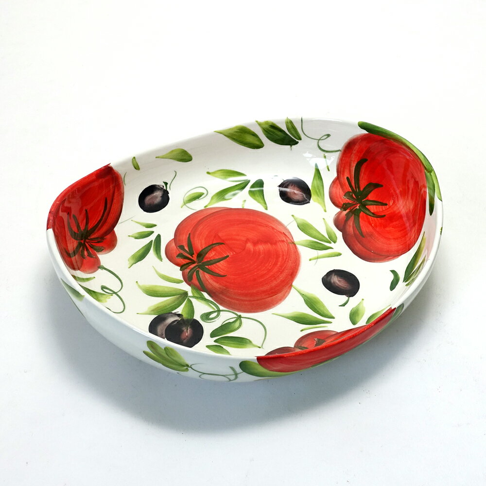 Rakuten - 【アウトレット】 イタリア製 トマト柄 サラダボウル 浅め 陶器 食器 ハンドメイド ベジタブル 鉢 真っ赤な Pomodoro 白地 南欧食器 カフェ 24cm 洋食器 テーブルウェア 皿europe_plum bre-1768-23t_b3