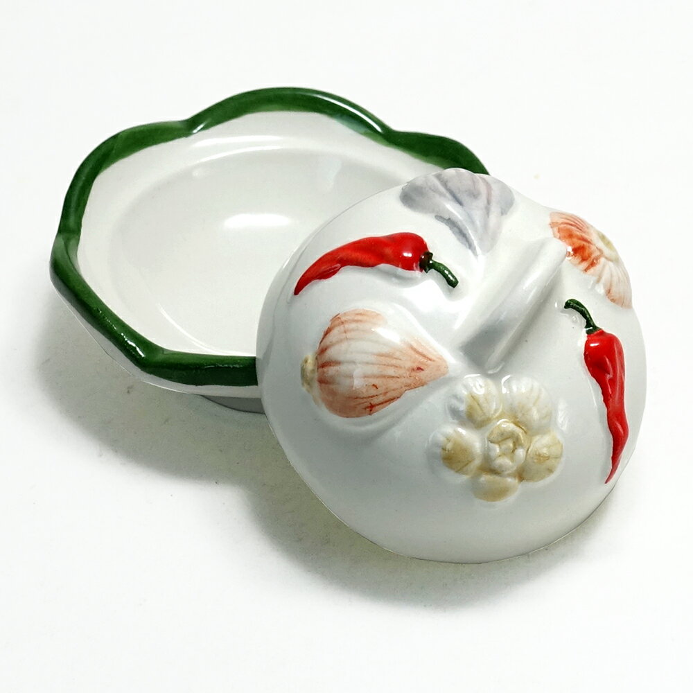 【アウトレット】 イタリア製 陶器 蓋付き ミニボックス スパイス ソース入れ 小箱 ガーリック柄 トウ..