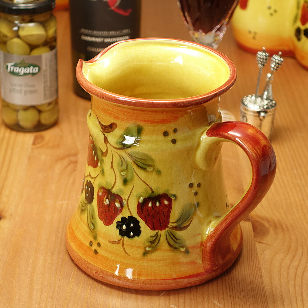ポルトガル製 陶器 ウォーターピッチャー ストロベリー柄 手描き 食器 ジャー イエロー 水差し カラフェ ワインジャグ 高さ14cm 洋食器 テーブルウェア ...