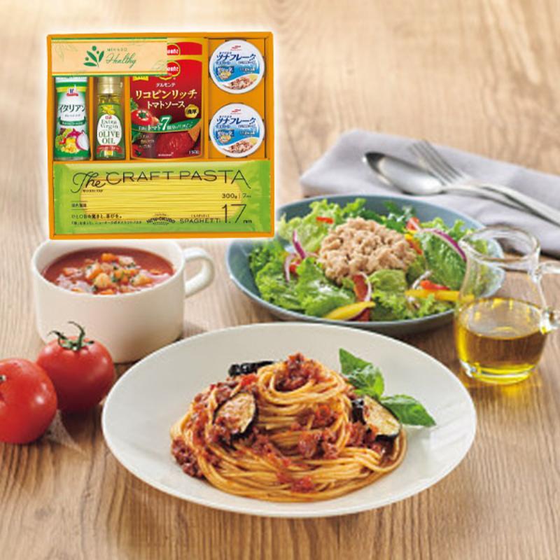 メーカー品番MKDH-30 商品内容日清エキストラバージンオリーブ油50g、MCイタリアンドレッシング150ml、マルハニチロ油そのままライトツナリセッタ70g×2、ザ・クラフトパスタ　ブロンズスパゲッティ1.7mm（300g）、リコピンリッチトマトソース150g×2 包装種別化粧箱入 箱サイズ39.5×29×5.5cm 重量1.5kg 保存状態常温 賞味期限製造より365日 アレルギー小麦・大豆・ゼラチン毎日の食卓が華やぐヘルシーバラエティセット。 もっちりとした食感で高品質なリピーター続出のクラフトパスタや健康を意識した調味料、サラダや料理の食材としても重宝する健康オイルを使用したツナ缶などが入ったギフトセットです。本格的なパスタや洋風アレンジ料理もお楽しみいただけます。 ご自身でオリジナルメッセージカードが作成できるアプリです。内祝いから香典返しまで、幅広いデザインが80種類以上。季節ごとに入れ替わります。結婚・出産のお返しに写真や動画を付けて。香典返しや法事のお返しに、あまり堅苦しくないカードを。参考文例もでるので、知識がなくてもふさわしい文章を付けられます。 香典返しや法要の引物に使える弔事用カード （このページで選択できます） 親しい相手への香典返しや、供花へのお礼、法要の引物などに利用できます。注文時に選択し、備考欄へ入れたい文章を入力してください。アプリを使わなくても簡単に申し込めます。仏教以外の場合でも使いやすい草花やかすみ草デザインもあります。 定番の蝶結びや仏事用の蓮のし、宗派関係なく使える胡蝶蘭のデザインのしなど、多くの種類からお選びいただけます。しきたりにとらわれないデザインのしが人気です。