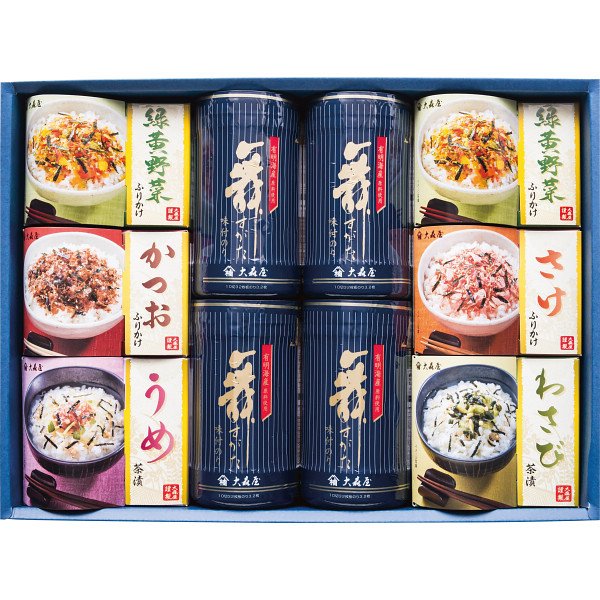 様々なギフトシーンに対応いたします 【慶事】結婚内祝い・出産内祝い・結婚祝い・出産祝い・快気祝い・新築祝い・引越し祝い・入学祝い・就職祝い・昇進祝い・お中元・お歳暮・お年賀・お見舞い・記念品・ご挨拶 【弔事】香典返し・満中陰志・法要・法事・粗供養・志・一周忌・三回忌・七回忌 【その他】お礼・お返し・プレゼント・贈答品・ご進物 ※のし・包装・挨拶状など無料サービスも充実。ご注文時にご選択・ご記入ください。 商　　品 商品説明有明海産原料を使用した風味と口どけの良い味付のりと手軽にお使いいただけるお茶漬け・ふりかけ詰合せです。 内容有明海産味付のり（10切32枚）×4、緑黄野菜ふりかけ（2.5g×10）×2、かつおふりかけ2.5g×10、さけふりかけ2.5g×10、うめ茶漬6g×6、わさび茶漬5.6g×6 箱サイズ40.2×29.7×8.1cm 重量1.3kg 包装種別化粧箱入 配送温度常温 賞味期間製造日より540日間 アレルゲン卵、乳成分、小麦、えび、さけ、さば、大豆、ごま有明海産原料を使用した風味と口どけの良い味付のりと手軽にお使いいただけるお茶漬け・ふりかけ詰合せです。 包装紙一覧 熨斗の詳細について カードを作成する ◆アプリを使わない既成デザイン カードを選ぶだけで使える既成デザインもあります。ご注文時の備考欄にメッセージを入力してください。 慶事用デザイン 弔事用デザイン ◆こんなシーンにおすすめ 結婚祝い 出産内祝い 入学祝い 快気祝い お中元 お歳暮 退職祝い 周年記念 父の日 母の日 敬老の日 お返し・手土産 粗品・記念品 香典返し ご供花のお礼 満中陰志 忌明け 粗供養 ご注文前にご確認ください 不良品・商品誤送の場合は、到着後7日以内にご連絡ください。返品・交換対応いたします。 北海道・沖縄・一部離島へは送料1500円が必要です。 領収書・明細書の同梱は行っておりません（楽天市場マイページよりご確認ください）
