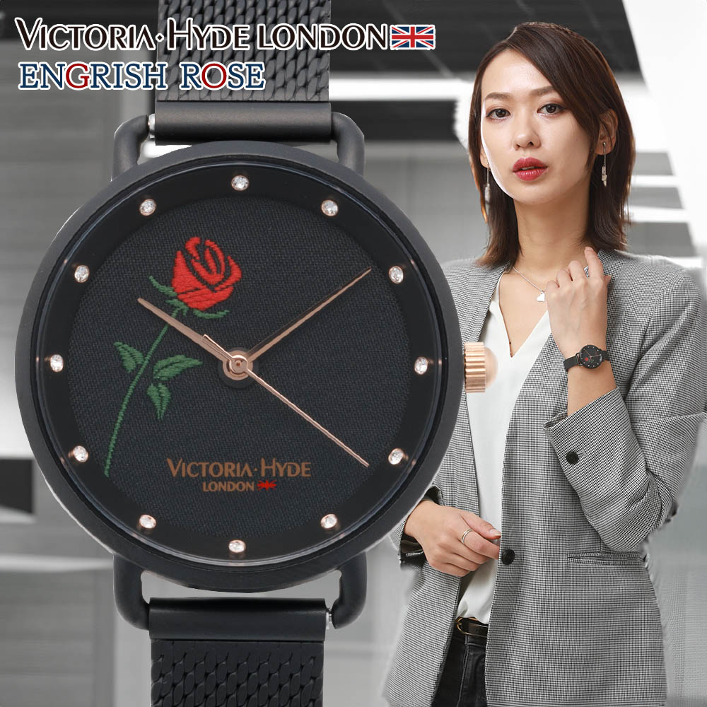 【10 OFF CP 5/18 0時～】VICTORIA HYDE LONDON ヴィクトリア ハイド ロンドン 腕時計 レディース 時計 イングリッシュローズ ENGLISH ROSE 刺繍デザイン ブラック 30mmフェイス VH1038F