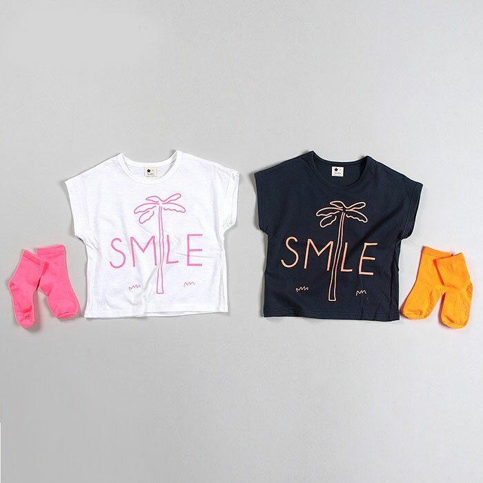 韓国子供服 半袖Tシャツ ヤシの木 パームツリー SMILE ネオンプリント Tシャツ ホワイト ブラック 90 100 110 120 130 140 プリントTシャツ 子供用 女の子 男の子 ベビー お洒落 カワイイ オシャレキッズ