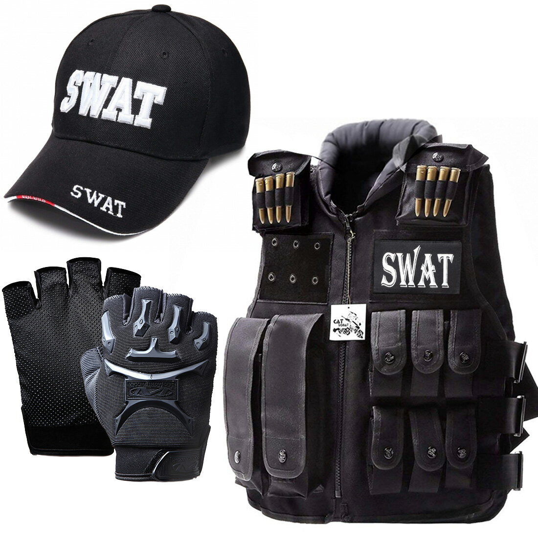 SWAT コスプレ タクティカルベスト キャップ グローブ セット ハロウィン コスプレ 仮装 SWATコス 特殊部隊 SWAR 帽子 サバゲー サバイバルゲーム 装備 服装