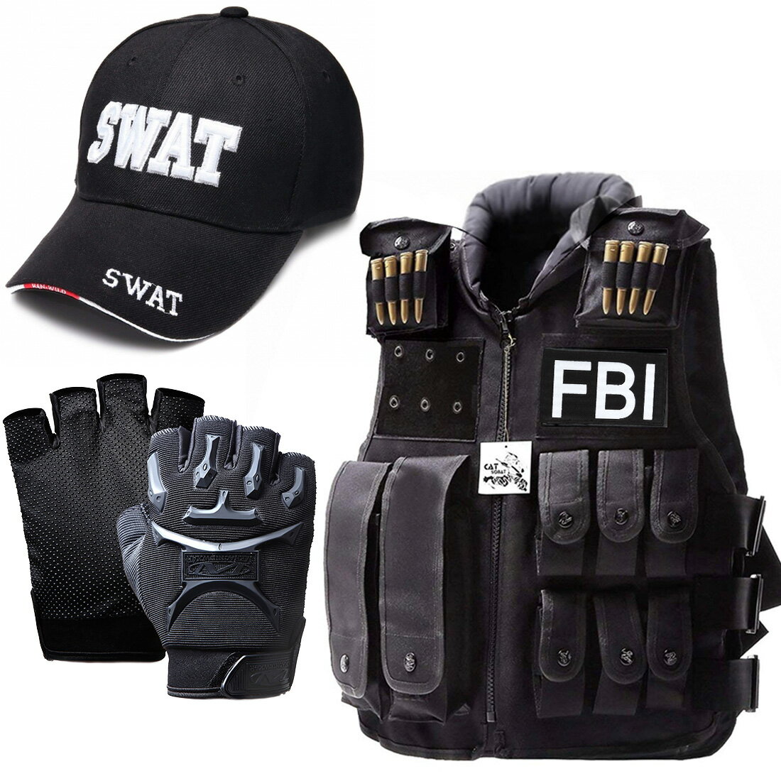 【あす楽翌日配達対応】SWAT コスプレ SWAT ベスト USJ コスプレ ホラーナイト タクティカルベスト FBI SWATキャップ グローブ セット