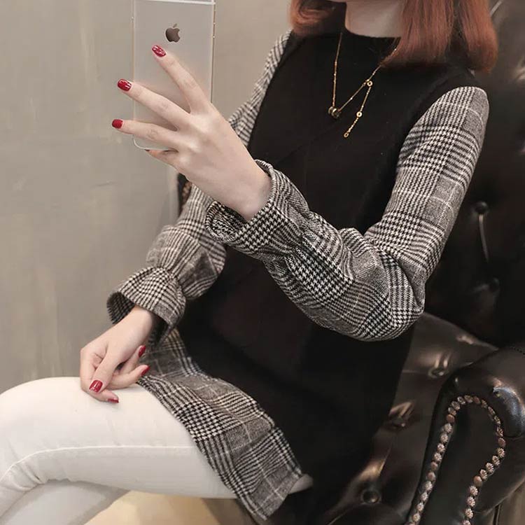 カジュアル 長袖ブラウス フェイクレイヤード 2XL ニットベスト シャツ 切り替えト...