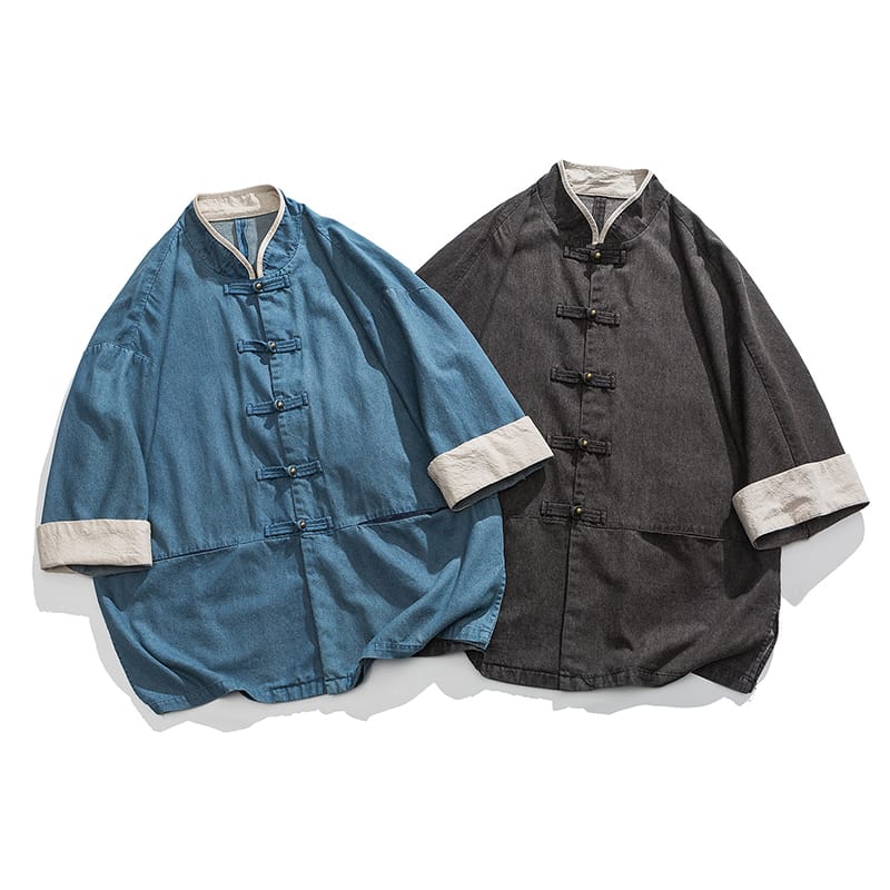 Rakuten - チャイナ服 デニムシャツ チャイナシャツ メンズ 男性用 七分袖 立ち襟 チャイナボタン カジュアル 中華服 中華風【送料無料】