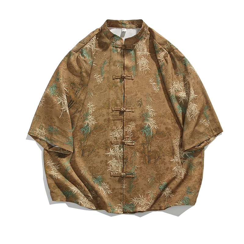 チャイナ服 チャイナシャツ メンズ 男性用 中国服 5分袖 半袖 アイスシルク 竹柄 アロハシャツ 漢服 民族衣装 中華風 【送料無料】