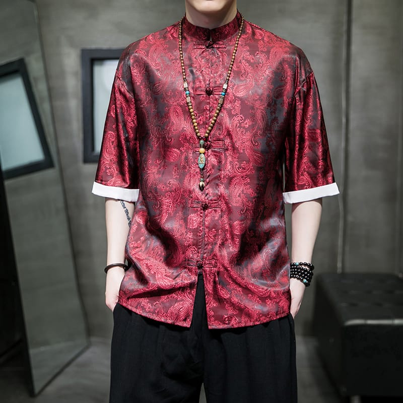 Rakuten - チャイナ服 チャイナシャツ メンズ 男性用 中国服 5分袖 半袖 アイスシルク ジャガード 龍柄 ドラゴン柄 漢服 民族衣装 中華風 【送料無料】
