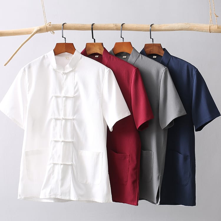 チャイナ服 カンフー服 太極拳服 ジャケット メンズ 男性用 半袖 立ち襟 チャイナボタン シルケット加..