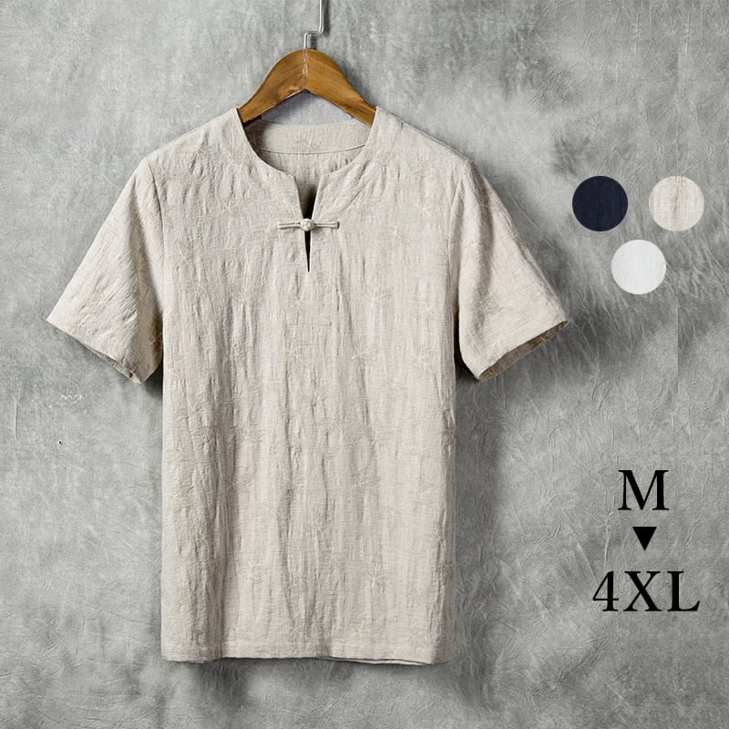 チャイナ服 Tシャツ チャイナTシャツ メンズ 男性用 半袖 Vネック チャイナボタン ジャガード 