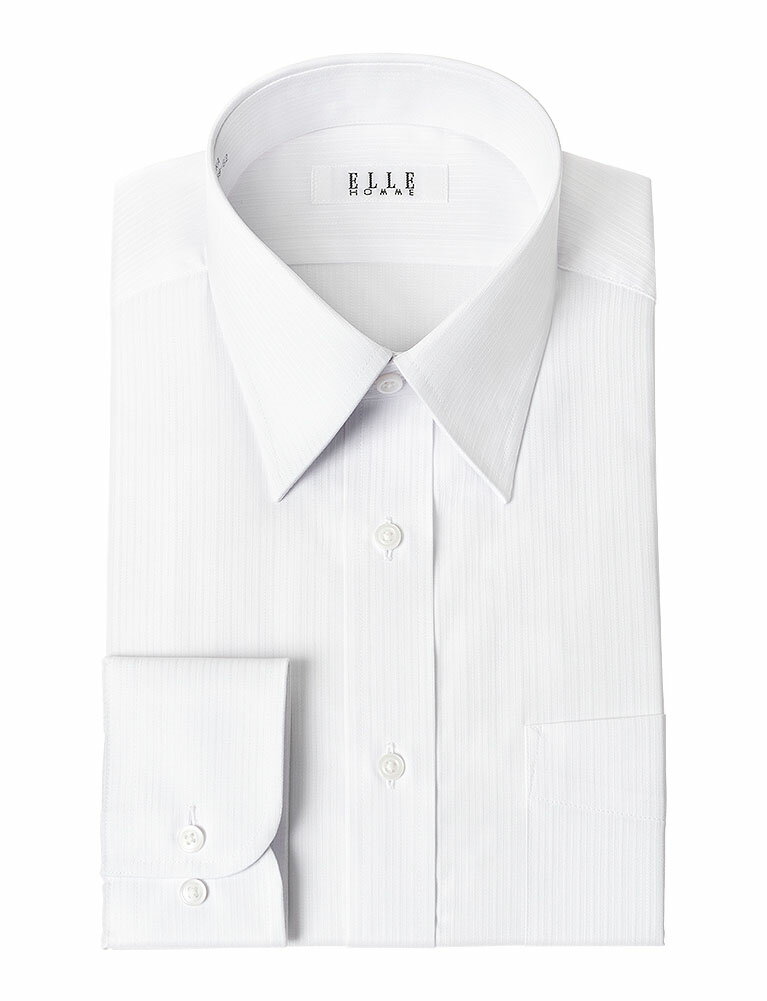 形態安定ワイシャツ メンズ 長袖 ELLE HOMME ゆったり 白ドビーストライプ レギュラーカラー 綿 ポリエステル ホワイト ドレスシャツ Yシャツ ビジネスシャツ(zed180-200) 2512CL