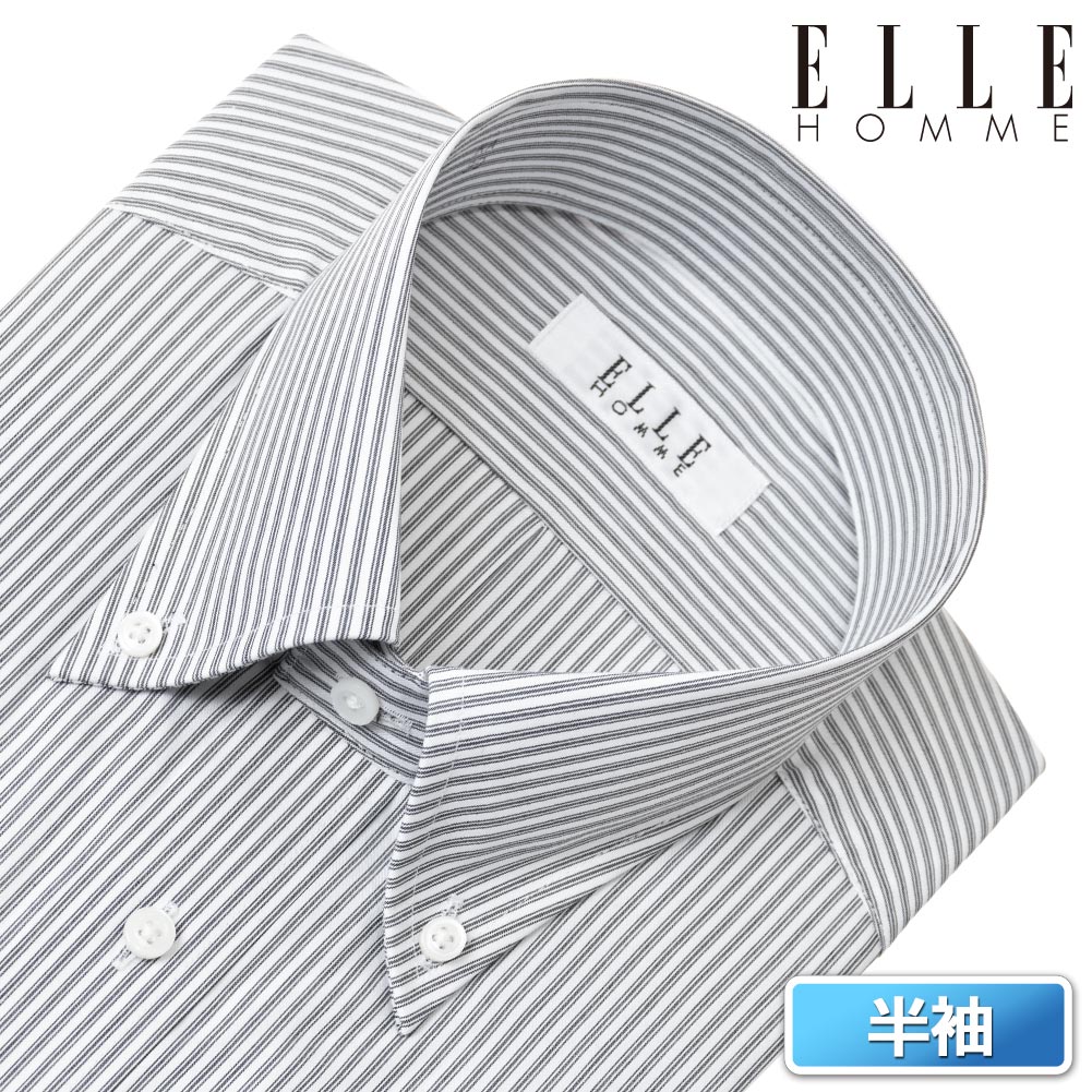 ELLE HOMME COOLMAX 半袖 ワイシャツ メンズ 夏 形態安定 ゆったり ストライプ ボタンダウン シャツ 綿 ポリエステル 黒 ブラック(zen461-485)