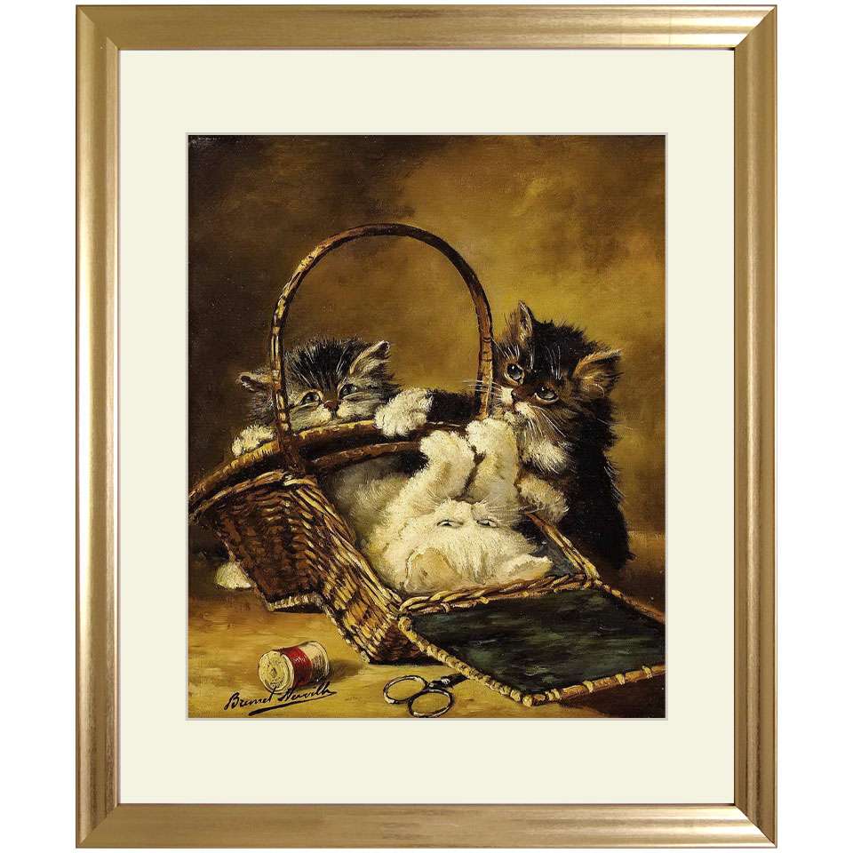 ☆ アルフレッド 「ソーイングバスケットで遊ぶ三匹の子猫」 アート紙にジクレー 複製画 額入り（額外寸47.5x39.5cm） 版画 絵画 洋画 動物画 ねこ フランスの画家