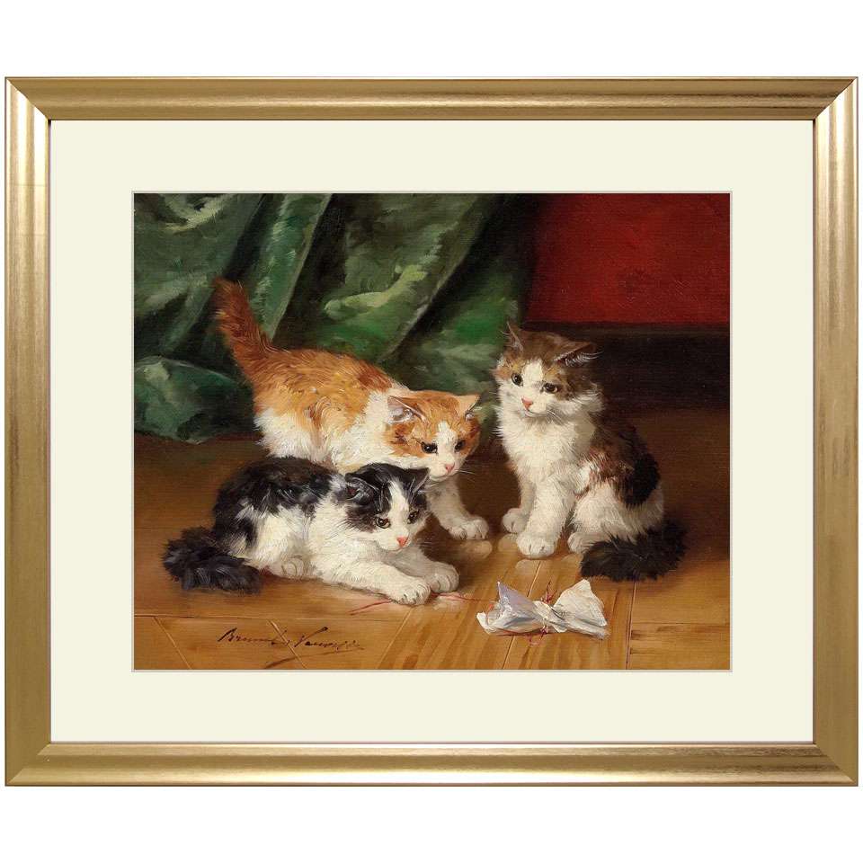 アルフレッド 「三匹の子猫」 ジクレー 複製画 額入り（額外寸47.5x39.5cm） 版画 絵画 洋画 動物画 ねこ フランスの画家