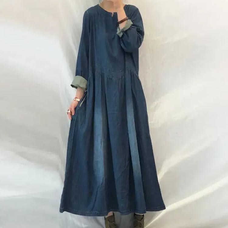 ワンピース レディース デニムワンピース 長袖 ロング丈 ゆったり マキシワンピース 大きいサイズ 体型カバー チュニック 春秋 お洒落 可愛い キレイ 着痩せ 普段着 送料無料