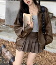 2colors/セットアップ可 フェイクレザージャケット ジップアップ レザープリーツスカート韓国服 ブラウン ブラック