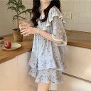 2colors/小花柄ルームウェアセット 半袖 ハーフパンツ フリル レース ブルー イエロー フラワー
