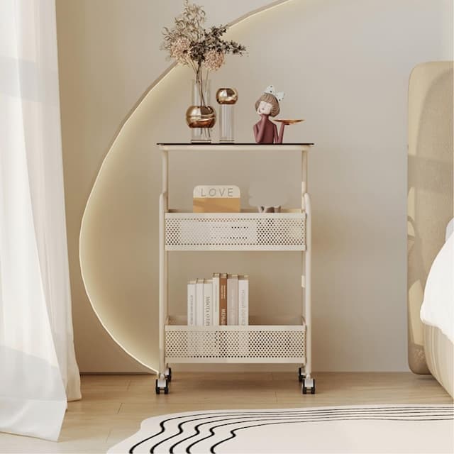 3colors/キャスター付き三段サイドテーブル ガラス 収納 ワゴン ナイトテーブル ブラウンガラス アイアン ホワイト ブラック イエロー 可動式 北欧インテリア 韓国インテリア 店舗什器 [2]