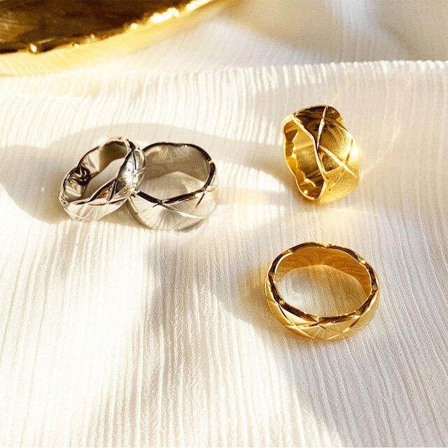 【2カラー】リング 指輪 キルティング ステンレス ゴールド シルバー レディース 金屬アレルギー 対応 幅広 5mm 8mm 柄 おしゃれ 可愛い 大人 金 銀 アクセサリー デザインリング 重ね付け 誕生日 記念日 プレゼント ギフト