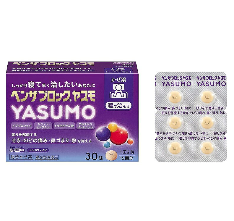 ■ご注意：指定第2類医薬品をご購入の方へ 本品は指定第2類医薬品です。使用上の注意（禁忌）を必ずご確認ください。 ご不明な点がありましたら当店の薬剤師、または登録販売者までご相談ください。 商品名 ベンザブロックヤスモ　YASUMO 内容量 30錠 商品説明 寝るときにつらいせき・のどの痛み・鼻づまり・熱によく効くかぜ薬 ●7種の成分を配合し、眠りを邪魔するかぜのいろいろな症状を抑えます。 ●イブプロフェンの解熱鎮痛作用により、のどの痛み・発熱などを緩和します。 ●トラネキサム酸が粘膜の炎症を抑え、のどの痛みを緩和します。 ●ジフェンヒドラミン塩酸塩が抗ヒスタミン作用により、鼻水・鼻づまりを緩和します。 ●デキストロメトルファン臭化水素酸塩水和物、dl-メチルエフェドリン塩酸塩がせきを緩和します。 ●お休み前にのんでも睡眠を妨げないよう、カフェインは配合していません。 効能・効果 かぜの諸症状(せき、のどの痛み、鼻づまり、鼻水、発熱、くしゃみ、たん、悪寒(発熱に よるさむけ)、頭痛、関節の痛み、筋肉の痛み)の緩和 用法・用量 次の量を、食後なるべく30分以内に、水またはお湯で、かまずに服用すること。 [年齢：1回量：1日服用回数] 15歳以上：2錠：3回 15歳未満服用しないこと 成分・分量 6錠(1日服用量)中 イブプロフェン：450mg トラネキサム酸：420mg ジフェンヒドラミン塩酸塩：75mg デキストロメトルファン臭化水素酸塩水和物：48mg グアイフェネシン：250mg dl-メチルエフェドリン塩酸塩：60mg ビタミンリボフラビン(ビタミンB2)：12mg 添加物：セルロース、クロスカルメロースNa、ポリビニルアルコール(部分けん化物)、ヒドロキシプロピルセルロース、無水ケイ酸、ステアリン酸Mg、エリスリトール、酸化チタン、タルク、三二酸化鉄 使用上の注意 してはいけないこと (守らないと現在の症状が悪化したり、副作用・事故が起こりやすくなる) 1.次の人は服用しないこと (1)本剤または本剤の成分によりアレルギー症状を起こしたことがある人。 (2)本剤または他のかぜ薬、解熱鎮痛薬を服用してぜんそくを起こしたことがある人。 (3)15歳未満の小児。 (4)出産予定日12週以内の妊婦。 2.本剤を服用している間は、次のいずれの医薬品も使用しないこと 他のかぜ薬、解熱鎮痛薬、鎮静薬、鎮咳去痰薬、抗ヒスタミン剤を含有する内服薬等(鼻炎用内服薬、乗物酔い薬、アレルギー用薬、催眠鎮静薬等)、トラネキサム酸を含有する内服薬 3.服用後、乗物または機械類の運転操作をしないこと (眠気等があらわれることがある。) 4.授乳中の人は本剤を服用しないか、本剤を服用する場合は授乳を避けること 5.服用前後は飲酒しないこと 6.5日間を超えて服用しないこと 相談すること 1.次の人は服用前に医師、薬剤師または登録販売者に相談すること (1)医師または歯科医師の治療を受けている人。 (2)妊婦または妊娠していると思われる人。 (3)高齢者。 (4)薬などによりアレルギー症状を起こしたことがある人。 (5)次の症状のある人。 高熱、排尿困難 (6)次の診断を受けた人。 甲状腺機能障害、糖尿病、心臓病、高血圧、肝臓病、腎臓病、緑内障、全身性エリテマトーデス、混合性結合組織病、血栓のある人(脳血栓、心筋梗塞、血栓性静脈炎)、血栓症を起こすおそれのある人 (7)次の病気にかかったことのある人。 胃・十二指腸潰瘍、潰瘍性大腸炎、クローン病 2.服用後、次の症状があらわれた場合は副作用の可能性があるので、直ちに服用を中止し、この文書を持って医師、薬剤師または登録販売者に相談すること [関係部位：症状] 皮膚：発疹・発赤、かゆみ、青あざができる 消化器：吐き気・嘔吐、食欲不振、胃部不快感、胃痛、口内炎、胸やけ、胃もたれ、胃腸出血、腹痛、下痢、血便 精神神経系：めまい 循環器：動悸 呼吸器：息切れ、息苦しさ 泌尿器：排尿困難 その他：目のかすみ、耳なり、むくみ、鼻血、歯ぐきの出血、出血が止まりにくい、出血、背中の痛み、過度の体温低下、からだがだるい まれに下記の重篤な症状が起こることがある。その場合は直ちに医師の診療を受けること。 [症状の名称] ショック(アナフィラキシー)／皮膚粘膜眼症候群(スティーブンス・ジョンソン症候群)、中毒性表皮壊死融解症／肝機能障害／腎障害／無菌性髄膜炎／間質性肺炎／ぜんそく／再生不良性貧血／無顆粒球症 ※症状の詳細は添付文書(説明書)を参照してください。 3.服用後、次の症状があらわれることがあるので、このような症状の持続または増強が見られた場合には、服用を中止し、この文書を持って医師、薬剤師または登録販売者に相談すること 便秘、口のかわき、眠気 4.5～6回服用しても症状がよくならない場合(特に熱が3日以上続いたり、また熱が反復したりするとき)は服用を中止し、この文書を持って医師、薬剤師または登録販売者に相談すること 保管及び取扱上の注意 (1)直射日光の当たらない湿気の少ない涼しい所に箱に入れて保管すること。 (2)小児の手の届かない所に保管すること。 (3)他の容器に入れ替えないこと(誤用の原因になったり品質が変わる)。 (4)使用期限を過ぎた製品は服用しないこと。 (5)箱の「開封年月日」記入欄に、内袋(アルミの袋)を開封した日付を記入すること。 (6)一度内袋(アルミの袋)を開封した後は、品質保持の点から開封日より6ヵ月以内を 目安になるべくすみやかに服用すること。 発売元・メーカー アリナミン製薬株式会社 〒541-0045　大阪市中央区道修町四丁目1番1号 「お客様相談室」 電話：フリーダイヤル　0120-567-087 受付時間：9：00～17：00（土，日，祝日を除く） 区分・原産国 第(2)類医薬品・日本 広告文責 株式会社ライズコーポレーション TEL:03-5542-1285