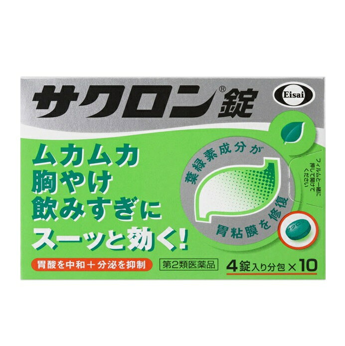 商品名 サクロン錠 内容量 40錠 商品説明 ●胃のムカムカや胸やけは、胃酸が出過ぎることで起こることがあります。 また、過度な飲酒によりアルコールが胃粘膜自体を直接刺激することも原因となります。 ●サクロン錠は、出過ぎた胃酸の働きを弱め（中和）、分泌を抑制し、荒れた胃粘膜を葉緑素から作られた緑の成分で修復・保護します。 ●胃がムカムカしたり、キリキリ痛む方や、朝、歯みがき中にウッとなる方に。サクロン錠はスーッと飲めば、スーッと効きます。 効能・効果 胸やけ、飲みすぎ、胃痛、胃酸過多、胃もたれ、胃部不快感、胃部膨満感、胃重、 胸つかえ、げっぷ、はきけ（むかつき、胃のむかつき、二日酔・悪酔のむかつき、嘔気、悪心）、嘔吐 用法・用量 次の量を食間および就寝前の空腹時に水またはお湯で服用してください。 [年齢：1回量：服用回数] 成人(15歳以上)：4錠：1日3回 8歳以上15歳未満：2錠：1日3回 8歳未満：服用しないこと ※食間とは、食後2時間ほど経過し、胃の中に食べた物がほぼなくなっている時です。 用法・用量に関連する注意 小児（8歳以上15歳未満）に服用させる場合には、保護者の指導監督のもとに服用させてください。 成分・分量 成人1日量12錠中に次の成分を含みます。 [成分：含量] 銅クロロフィリンカリウム：120mg 無水リン酸水素カルシウム：1020mg 沈降炭酸カルシウム：1020mg 水酸化マグネシウム：960mg ロートエキス：30mg 添加物：トウモロコシデンプン、ヒドロキシプロピルセルロース、l-メントール、香料、塩化K、ケイヒ、ステアリン酸Mg、ポビドン 成分に関連する注意 1.服用後、便が緑色になる場合がありますが、銅クロロフィリンカリウム(緑色)が排泄されるための着色であり、心配ありません。 2.サクロン錠には、アルミニウムを含む成分は使用していません。 使用上の注意 してはいけないこと [守らないと現在の症状が悪化したり、副作用が起こりやすくなる] 1.本剤を服用している間は、次の医薬品を服用しないでください。 胃腸鎮痛鎮痙薬 2.授乳中の人は本剤を服用しないか、本剤を服用する場合は授乳を避けてください。 (母乳に移行して乳児の脈が速くなることがあります。) 相談すること 1.次の人は服用前に医師、薬剤師又は登録販売者に相談してください。 (1)医師の治療を受けている人 (2)妊婦又は妊娠していると思われる人 (3)高齢者 (4)薬などによりアレルギー症状を起こしたことがある人 (5)次の症状のある人 排尿困難 (6)次の診断を受けた人 腎臓病、心臓病、緑内障、甲状腺機能障害 2.服用後、次の症状があらわれた場合は副作用の可能性があるので、直ちに服用を中止し、添付文書を持って医師、薬剤師又は登録販売者に相談してください。 [関係部位：症状] 皮膚：発疹・発赤、かゆみ 3.服用後、次の症状があらわれることがあるので、このような症状の持続又は増強が見られた場合には、服用を中止し、添付文書を持って医師、薬剤師又は登録販売者に相談してください。 口のかわき、便秘、下痢 4.2週間位服用しても症状がよくならない場合は服用を中止し、添付文書を持って医師、薬剤師又は登録販売者に相談してください。 その他の注意 ・母乳が出にくくなることがあります。 保管及び取扱い上の注意 (1)直射日光の当たらない湿気の少ない涼しい所に保管してください。 (2)小児の手の届かない所に保管してください。 (3)他の容器に入れ替えないでください。(誤用の原因になったり品質が変わります。) (4)4錠入り分包は、次のことに注意してください。 分包を分割した残りを服用する時は、袋の口を折り返して保管し、2日をすぎた場合には服用しないでください。 (5)96錠包装は、次のことに注意してください。 ・本容器内に他の薬剤等を入れないでください。 ・容器内の詰め物は、輸送中の錠剤破損防止用です。容器のキャップを開けた後は捨ててください。また容器は密栓して保管してください。 ・使用期限内であっても一度容器のキャップを開けた後は、品質保持の点から6ヵ月以内を目安に使用してください。箱の内ブタの「開封年月日」欄に、開封日を記入してください。 (6)使用期限をすぎた製品は使用しないでください。 発売元・メーカー エーザイ株式会社 東京都文京区小石川4-6-10 お客様相談室 0120-161-454 （平日 9:00〜18:00、土日・祝日 9:00〜17:00、365日対応） 区分・原産国 第2類医薬品・日本 広告文責 株式会社ライズコーポレーション TEL:03-5542-1285