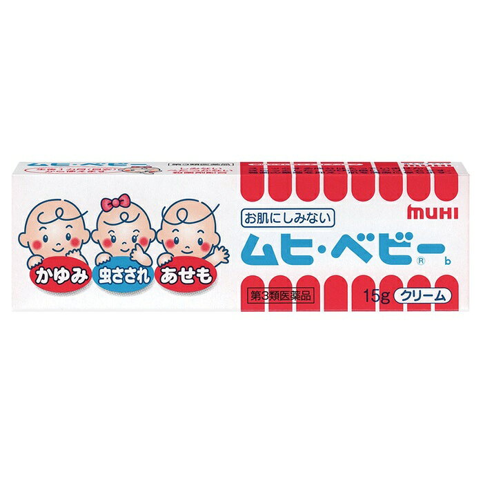 商品名 ムヒ・ベビーb 内容量 15g 商品説明 ●お子さま向け肌トラブルの常備薬です。 お子さまの虫さされやあせも、おむつのかぶれなど、幅広くご利用いただけます。 ●生後1カ月から使えるやさしいクリームです。 お子さまのデリケートなお肌にも、しみなくて使い心地の良いクリームです。スーッとする成分（ℓ-メントールなど）やステロイド成分を配合していません。顔にもお使いいただけます。弱酸性のクリームです。 ●持ち運びに便利です。 コンパクトサイズのラミネートチューブです。かさばらないので、お出かけ時の携帯にも便利です。 効能・効果 かゆみ、虫さされ、あせも、かぶれ、しっしん、じんましん、皮ふ炎、しもやけ、ただれ 用法・用量 1日数回、適量を患部に塗布してください。 用法・用量に関連する注意 (1)小児に使用させる場合には、保護者の指導監督のもとに使用させてください。なお、本剤の使用開始目安年齢は生後1カ月以上です。 (2)目に入らないように注意してください。万一目に入った場合には、すぐに水又はぬるま湯で洗ってください。なお、症状が重い場合(充血や痛みが持続したり、涙が止まらない場合等)には、眼科医の診療を受けてください。 (3)本剤は外用にのみ使用し、内服しないでください。 成分・分量 有効成分(100g中) [成分：分量：はたらき] ジフェンヒドラミン：1.0g：かゆみをおさえます。 グリチルレチン酸：0.5g：生薬カンゾウ由来の成分で、炎症をおさえます。 イソプロピルメチルフェノール：1.5g：殺菌作用があります。 トコフェロール酢酸エステル：0.5g：血流をよくし、症状の回復を早めます。 添加物としてエデト酸Na、オクチルドデカノール、カルボキシビニルポリマー、ステアリルアルコール、ステアリン酸、D-ソルビトール、フィトステロール、プロピレングリコール、ヘキシルデカノール、ベヘン酸、ステアリン酸グリセリン、ポリオキシエチレンベヘニルエーテル、ステアリン酸マクロゴールを含有します。 使用上の注意 相談すること 1．次の人は使用前に医師、薬剤師又は登録販売者に相談してください 　(1)医師の治療を受けている人。 　(2)薬などによりアレルギー症状(発疹・発赤、かゆみ、かぶれ等)を起こしたことがある人。 　(3)湿潤やただれのひどい人。 2．使用後、次の症状があらわれた場合は副作用の可能性がありますので、直ちに使用を中止し、この説明文書をもって医師、薬剤師又は登録販売者に相談してください 　 関係部位：症状 　 皮ふ：発疹・発赤、かゆみ、はれ 3．5〜6日間使用しても症状がよくならない場合は使用を中止し、この説明文書をもって医師、薬剤師又は登録販売者に相談してください 保管及び取扱い上の注意 (1)直射日光の当たらない湿気の少ない涼しい所に密栓して保管してください。 (2)小児の手のとどかない所に保管してください。特にキャップの誤飲に注意してください。 (3)他の容器に入れかえないでください。(誤用の原因になったり品質が変わります。) (4)使用期限(ケース及びチューブに西暦年と月を記載)をすぎた製品は使用しないでください。 　 使用期限内であっても、品質保持の点から開封後はなるべく早く使用してください。 (5)使いやすいラミネートチューブです。破れにくい特長がありますが、強く押すと中身が飛び出す場合があります。チューブ尻から順次軽く押し出すようにして使用してください。 発売元・メーカー 株式会社池田模範堂 富山県中新川郡上市町神田16番地 お客様相談室　076-472-0911 9：00-17：00（土、日、祝日を除く） 区分・原産国 第3類医薬品・日本 広告文責 株式会社ライズコーポレーション TEL:03-5542-1285