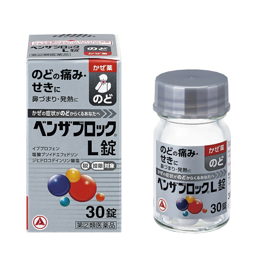 ■ご注意：指定第2類医薬品をご購入の方へ 本品は指定第2類医薬品です。使用上の注意（禁忌）を必ずご確認ください。 ご不明な点がありましたら当店の薬剤師、または登録販売者までご相談ください。 商品名 ベンザブロックL錠 内容量 30錠 商品説明 ●イブプロフェンの解熱・鎮痛作用により、のどの痛み・発熱などを緩和します。 ●ジヒドロコデインリン酸塩がせき中枢に働き、せきを緩和します。 ●塩酸プソイドエフェドリンが鼻粘膜の充血を抑え、鼻づまりを緩和します。 ●5種の成分がバランスよくはたらいて、かぜのいろいろな症状を緩和します。 ●のみやすい小型の白い円形の錠剤です。 効果・効能 かぜの諸症状（のどの痛み、発熱、鼻づまり、鼻水、悪寒、頭痛、関節の痛み、筋肉の痛み、せき、くしゃみ）の緩和 用法・用量 次の量を、食後なるべく30分以内に、水またはお湯で、かまずに服用すること。 (年齢：1回量：1日服用回数) 15歳以上：3錠：3回 15歳未満：服用しないこと 用法・用量に関連する注意 ・用法・用量を厳守すること。 成分・分量 9錠中（15歳以上の1日服用量中） イブプロフェン：450mg 塩酸プソイドエフェドリン：135mg クロルフェニラミンマレイン酸塩：7.5mg ジヒドロコデインリン酸塩：24mg 無水カフェイン：75mg 添加物：乳糖水和物、クロスカルメロースNa、ヒドロキシプロピルセルロース、セルロース、ステアリン酸Mg、トウモロコシデンプン、ヒプロメロース、酸化チタン、コポリビドン、タルク 使用上の注意 してはいけないこと （守らないと現在の症状が悪化したり、副作用・事故が起こりやすくなる） 1．次の人は服用しないこと (1)本剤または本剤の成分によりアレルギー症状を起こしたことがある人。 (2)本剤または他のかぜ薬、解熱鎮痛薬を服用してぜんそくを起こしたことがある人。 (3)15歳未満の小児。 (4)出産予定日12週以内の妊婦。 (5)次の症状のある人。 前立腺肥大による排尿困難 (6)次の診断を受けた人。 高血圧、心臓病、甲状腺機能障害、糖尿病 2．本剤を服用している間は、次のいずれの医薬品も使用しないこと 他のかぜ薬、解熱鎮痛薬、鎮静薬、鎮咳去痰薬、抗ヒスタミン剤を含有する内服薬等（鼻炎用内服薬、乗り物酔い用薬、アレルギー用薬、催眠鎮静薬等） 3．服用後、乗り物または機械類の運転操作をしないこと （眠気等があらわれることがあります。） 4．授乳中の人は本剤を服用しないか、本剤を服用する場合は授乳を避けること 5．服用前後は飲酒しないこと 6．5日を超えて服用しないこと 相談すること 1．次の人は服用前に医師、薬剤師または登録販売者に相談すること (1)医師または歯科医師の治療を受けている人。 (2)妊婦または妊娠していると思われる人。 (3)高齢者。 (4)薬などによりアレルギー症状を起こしたことがある人。 (5)次の症状のある人。 高熱、排尿困難 (6)次の診断を受けた人。 肝臓病、腎臓病、緑内障、全身性エリテマトーデス、混合性結合組織病、呼吸機能障害、閉塞性睡眠時無呼吸症候群、肥満症 (7)次の病気にかかったことのある人。 胃・十二指腸潰瘍、潰瘍性大腸炎、クローン病 (8)モノアミン酸化酵素阻害剤（セレギリン塩酸塩等）で治療を受けている人。 (9)かぜ薬、鎮咳去痰薬、鼻炎用内服薬等により、不眠、めまい、脱力感、ふるえ、動悸を起こしたことがある人。 2．服用後、次の症状があらわれた場合は副作用の可能性があるので、直ちに服用を中止し、この文書を持って医師、薬剤師または登録販売者に相談すること ［関係部位：症状］ 皮膚：発疹・発赤、かゆみ、青あざができる 消化器：吐き気・嘔吐、食欲不振、胃部不快感、胃痛、口内炎、胸やけ、胃もたれ、胃腸出血、腹痛、下痢、血便 精神神経系：めまい、不眠、神経過敏、けいれん 循環器：動悸 呼吸器：息切れ 泌尿器：排尿困難 その他：目のかすみ、耳なり、むくみ、鼻血、歯ぐきの出血、出血が止まりにくい、出血、背中の痛み、過度の体温低下、からだがだるい、顔のほてり、のぼせ まれに下記の重篤な症状が起こることがある。その場合は直ちに医師の診療を受けること。 ショック（アナフィラキシー）：服用後すぐに、皮膚のかゆみ、じんましん、声のかすれ、くしゃみ、のどのかゆみ、息苦しさ、動悸、意識の混濁等があらわれる。 皮膚粘膜眼症候群（スティーブンス・ジョンソン症候群）、中毒性表皮壊死融解症、急性汎発性発疹性膿疱症：高熱、目の充血、目やに、唇のただれ、のどの痛み、皮膚の広範囲の発疹・発赤、赤くなった皮膚上に小さなブツブツ（小膿疱）が出る、全身がだるい、食欲がない等が持続したり、急激に悪化する。 肝機能障害：発熱、かゆみ、発疹、黄疸（皮膚や白目が黄色くなる）、褐色尿、全身のだるさ、食欲不振等があらわれる。 腎障害：発熱、発疹、尿量の減少、全身のむくみ、全身のだるさ、関節痛（節々が痛む）、下痢等があらわれる。 無菌性髄膜炎：首すじのつっぱりを伴った激しい頭痛、発熱、吐き気・嘔吐等があらわれる（このような症状は、特に全身性エリテマトーデスまたは混合性結合組織病の治療を受けている人で多く報告されている）。 間質性肺炎：階段を上ったり、少し無理をしたりすると息切れがする・息苦しくなる、空せき、発熱等がみられ、これらが急にあらわれたり、持続したりする。 ぜんそく：息をするときゼーゼー、ヒューヒューと鳴る、息苦しい等があらわれる。 無菌性髄膜炎：首すじのつっぱりを伴った激しい頭痛、発熱、吐き気・嘔吐等があらわれる（このような症状は、特に全身性エリテマトーデスまたは混合性結合組織病の治療を受けている人で多く報告されている）。 再生不良性貧血：青あざ、鼻血、歯ぐきの出血、発熱、皮膚や粘膜が青白くみえる、疲労感、動悸、息切れ、気分が悪くなりくらっとする、血尿等があらわれる。 無顆粒球症：突然の高熱、さむけ、のどの痛み等があらわれる。 呼吸抑制：息切れ、息苦しさ等があらわれる。 3．服用後、次の症状があらわれることがあるので、このような症状の持続または増強が見られた場合には、服用を中止し、この文書を持って医師、薬剤師または登録販売者に相談すること 便秘、口のかわき、眠気 4．5〜6回服用しても症状がよくならない場合（特に熱が3日以上続いたり、また熱が反復したりするとき）は服用を中止し、この文書を持って医師、薬剤師または登録販売者に相談すること 保管及び取扱上の注意 (1)直射日光の当たらない湿気の少ない涼しい所に密栓して保管すること。 (2)小児の手の届かない所に保管すること。 (3)他の容器に入れ替えないこと（誤用の原因になったり品質が変わる）。 (4)ビンの中の詰め物は、フタをあけた後はすてること（詰め物を再びビンに入れると湿気を含み品質が変わるもとになる。詰め物は、輸送中に錠剤が破損するのを防止するためのものである）。 (5)服用のつどビンのフタをしっかりしめること（吸湿し品質が変わる）。 (6)使用期限を過ぎた製品は服用しないこと。 (7)箱とビンの「開封年月日」記入欄に、ビンを開封した日付を記入すること。 (8)一度開封した後は、品質保持の点から開封日より6ヵ月以内を目安になるべくすみやかに服用すること。 発売元・メーカー アリナミン製薬株式会社 〒541-0045　大阪市中央区道修町四丁目1番1号 「お客様相談室」 フリーダイヤル：0120-567-087 受付時間：9：00-17：00(土、日、祝日を除く) 区分・原産国 第(2)類医薬品・日本 広告文責 株式会社ライズコーポレーション TEL:03-5542-1285