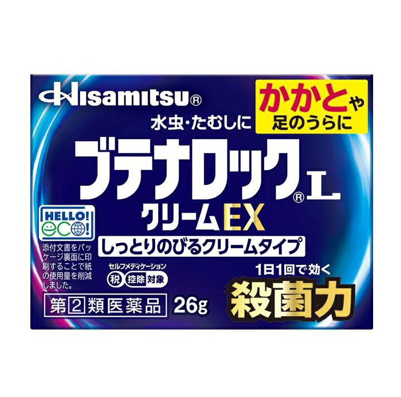 ■ご注意：指定第2類医薬品をご購入の方へ 本品は指定第2類医薬品です。使用上の注意（禁忌）を必ずご確認ください。 ご不明な点がありましたら当店の薬剤師、または登録販売者までご相談ください。 商品名 ブテナロックLクリームEX 内容量 26g 商品説明 ・水虫・たむしは、白癬菌というカビ（真菌）が皮膚表面の角質層に寄生しておこる疾患です。 ・白癬菌が皮膚表面の角質層等のケラチン質を侵すことによって激しいかゆみがおこります。 ・ブテナロックLクリームEXは優れた効きめで水虫の原因菌（白癬菌）を殺菌する、水虫・たむし治療薬です。優れた殺菌力「ブテナフィン塩酸塩」配合。 ・角質層に良く浸透し、水虫の原因菌（白癬菌）を殺菌します。 ・かゆみ止め成分「クロルフェニラミンマレイン酸塩」「ジブカイン塩酸塩」でかゆみを抑えます。 ・抗菌成分「イソプロピルメチルフェノール」配合。 ・炎症をおさめる「グリチルレチン酸」配合。 ・皮膚貯留性が優れている為、1日1回で効きます。 ・カサカサしたかかとにしっとり伸びるクリームタイプです。 ・最後まで使いやすい、底面が丸みを帯びている容器を採用しています。 効能・効果 みずむし、いんきんたむし、ぜにたむし 用法・用量 1日1回、適量を患部に塗布してください。 〈用法・用量に関する注意〉 (1)患部やその周囲が汚れたまま使用しないでください。 (2)目に入らないように注意してください。万一、目に入った場合には、すぐに水又はぬるま湯で洗い、直ちに眼科医の診療を受けてください。 (3)小児に使用させる場合には、保護者の指導監督のもとに使用させてください。 (4)外用にのみ使用してください。 成分・分量 含量（1g中） ブテナフィン塩酸塩：10m ジブカイン塩酸塩：2mg クロルフェニラミンマレイン酸塩：5mg グリチルレチン酸：2mg イソプロピルメチルフェノール：3mg 添加物として、2-エチルヘキサン酸セチル、ジエタノールアミン、自己乳化型ステアリン酸グリセリン、ジメチルポリシロキサン、スクワラン、セトステアリルアルコール、パラベン、ヒアルロン酸Na、BHT、プロピレングリコール、ベヘニルアルコール、ポリオキシエチレンベヘニルエーテル、ミリスチン酸イソプロピルを含有します。 使用上の注意 してはいけないこと （守らないと現在の症状が悪化したり、副作用が起こりやすくなります。） 1. 次の人は使用しないでください。 本剤又は本剤の成分によりアレルギー症状を起こしたことがある人。 2. 次の部位には使用しないでください。 (1)目や目の周囲、粘膜（例えば口腔、鼻腔、膣等）、陰のう、外陰部等。 (2)湿疹。 (3)湿潤、ただれ、亀裂や外傷のひどい患部。 相談すること 1. 次の人は使用前に医師、薬剤師又は登録販売者にご相談ください。 (1)医師の治療を受けている人。 (2)妊婦又は妊娠していると思われる人。 (3)乳幼児。 (4)薬などによりアレルギー症状を起こしたことがある人。 (5)患部が顔面又は広範囲の人。 (6)患部が化膿している人。 (7)「湿疹」か「みずむし、いんきんたむし、ぜにたむし」かがはっきりしない人。 （陰のうにかゆみ・ただれ等の症状がある場合は、湿疹等他の原因による場合が多い。） 2. 使用後、次の症状があらわれた場合は副作用の可能性がありますので、直ちに使用を中止し、この説明書を持って医師、薬剤師又は登録販売者にご相談ください。 関係部位：症状 皮膚：発疹・発赤、かゆみ、かぶれ、はれ、刺激感、熱感、落屑、ただれ、水疱、乾燥感、ヒリヒリ感、亀裂 3. 2週間位使用しても症状がよくならない場合は使用を中止し、この説明書を持って医師、薬剤師又は登録販売者にご相談ください。 保管及び取扱い上の注意 (1)直射日光の当たらない湿気の少ない涼しい所に保管してください。 (2)小児の手の届かない所に保管してください。 (3)他の容器に入れ替えないでください(誤用の原因になったり、品質が変わることがあります)。 (4)表示の使用期限を過ぎた商品は使用しないでください。 なお、使用期限内であっても品質保持の点からなるべく早く使用してください。 発売元・メーカー 久光製薬株式会社 〒841-0017 鳥栖市田代大官町408番地 お客様相談室：TEL.0120-133250 受付時間／9：00ー17：50（土日・祝日・会社休日を除く） 区分・原産国 第(2)類医薬品・日本 広告文責 株式会社ライズコーポレーション TEL:03-5542-1285
