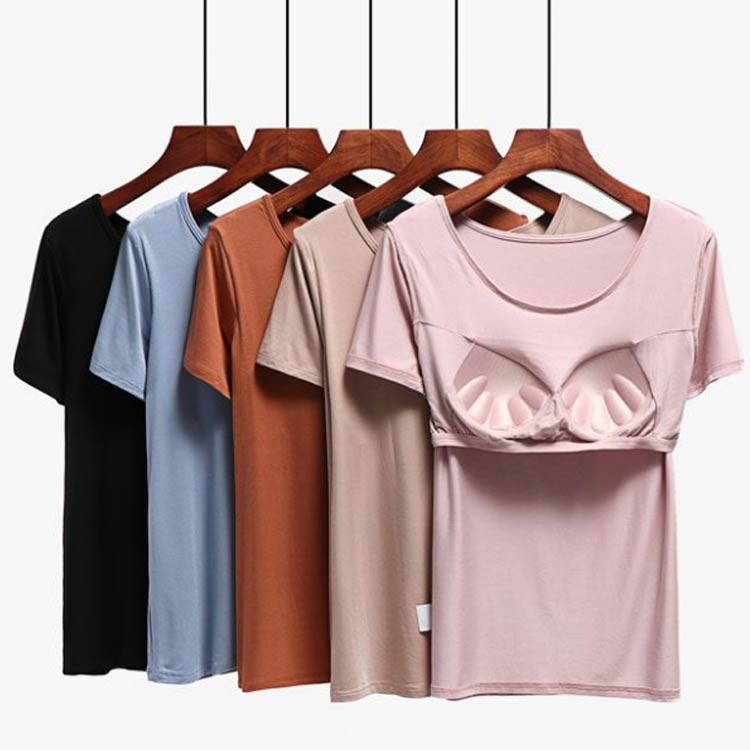 半袖 Tシャツ Uネック 無地 カジュアル カップ付きTシャツ ナイトウェア ルームウ...