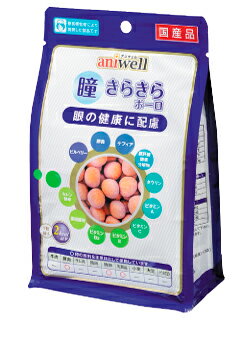 【商品スペック】 ■成分値 粗たんぱく質 0.5%以上、 粗脂肪 0.5%以上、 粗繊維 1.0%以下、 粗灰分 1.0%以下、 水分 10.0%以下 ナトリウム 0.05%以下 ■カロリー：330kcal / 100g ■原材料 馬鈴薯澱粉、麦芽糖、鶏卵、ケフィア発酵粉末、豚肝臓酵素分解物、ビルベリー抽出物、パームフルーツオイル、パラアミノ安息香酸、タウリン、亜鉛酵母、セレン酵母、ビタミン類（C、E、A、B2、B6、B1、パントテン酸Ca、葉酸） ■内容量：75g （25g×3袋）【アニウェル】瞳きらきらボーロ 【75g（25g×3袋）】 眼の健康に配慮した機能性ボーロ♪ アントシアニン・クロロゲンを含有するビルベリー抽出物、抗酸化ビタミンなど眼の 健康維持に配慮した栄養素と素材を配合。砂糖不使用で1粒当たり2kcal以下に仕上げました。 【 1日あたりの給与量与え方 】 体重 / 幼犬期（30日頃〜） 1kg未満 / 〜13粒 1〜3kg / 13〜25粒 3〜5kg / 25〜35粒 ※給与回数 2〜4回に分けて 体重 / 成犬期 3〜5kg / 10〜20粒 5〜10kg / 20〜30粒 10〜25kg / 30〜40粒 ※給与回数 2〜3回に分けて ※ペットの運動量、体調を考慮して量を調整してください。食欲がない時は粉にして 与える事も出来ます。 【 注意事項 】 本製品を10日から12日程度、愛犬の様子を観察しながら与えてください。まれに愛犬の体調や体質に合わない場合もあります。何らかの異常に気づかれたときは給与を中断し、早めに獣医師に相談することをおすすめします。 【商品スペック】 ■成分値 粗たんぱく質 0.5%以上、 粗脂肪 0.5%以上、 粗繊維 1.0%以下、 粗灰分 1.0%以下、 水分 10.0%以下 ナトリウム 0.05%以下 ■カロリー：330kcal / 100g ■原材料 馬鈴薯澱粉、麦芽糖、鶏卵、ケフィア発酵粉末、豚肝臓酵素分解物、ビルベリー抽出物、パームフルーツオイル、パラアミノ安息香酸、タウリン、亜鉛酵母、セレン酵母、 ビタミン類（C、E、A、B2、B6、B1、パントテン酸Ca、葉酸） ■内容量：75g（25g×3袋）