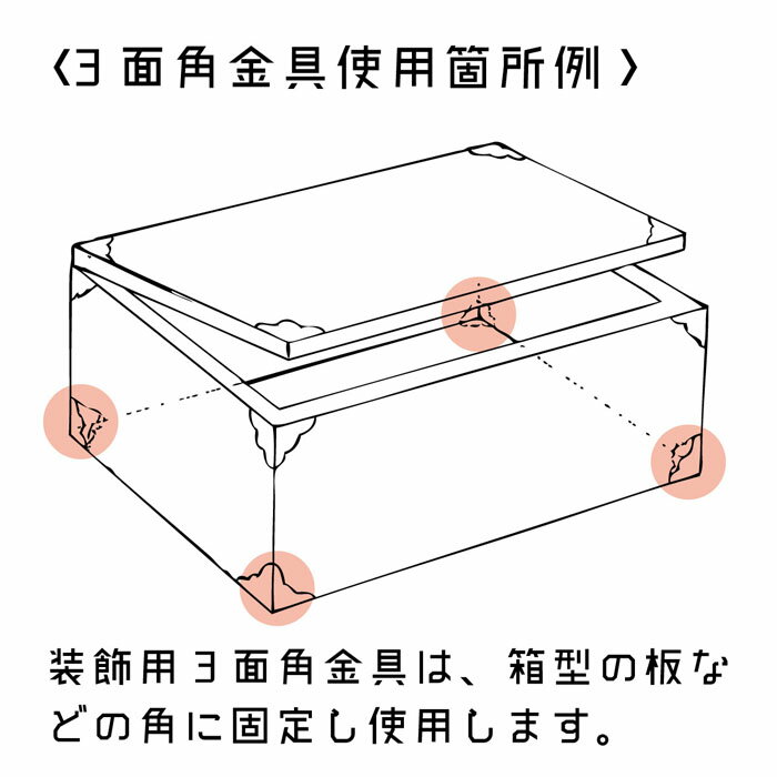 【角金具】3面角金具012 燻し真鍮色（3コーナープレート） 10枚×1セット（固定用釘入り） DIY 装飾用 銅 【DIY向け】【メール便】木製 アンティーク 化粧金具 フレーム 家具 レトロ ダイニングテーブル インテリア モダン　BOX　金物