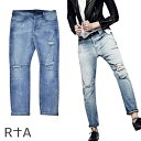 RtA アールティーエーレディース ボーイフレンドデニムパンツ ストレート ブルー ペイント ダメージ加工 ウォッシュ加工 クロス刺繍 比翼仕立て ジーンズ ジーパン