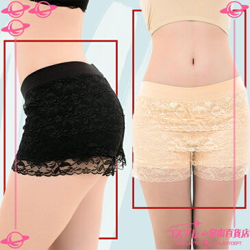 【5段レースフリルペチパンツ/フリルパンツ カラバリ3色 見せパン/ショートパンツ 黒 白 肌色】通気性抜群 太めのウエストゴム オーバーパンツ ふりふりレース フリーサイズ パニエとあわせてダンス・衣裳・衣装コスチュームに! 宇宙百貨店【メール便可】