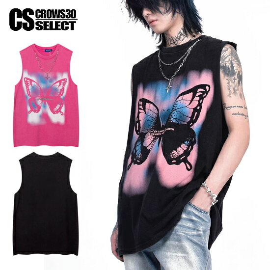 タンクトップ メンズ モード系 タンクトップ メンズ バタフライ 蝶 ビッグプリント ビッグカットソー メンズ Tシャツ レディース モード系 メンズ 大きいサ...