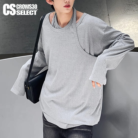 モード系 メンズ ロンT メンズ ロングTシャツ V系 カットソー ユニセックス 地雷系 カットソー レディース ロング丈 ロンT メンズ 重ね着風 カットソー...