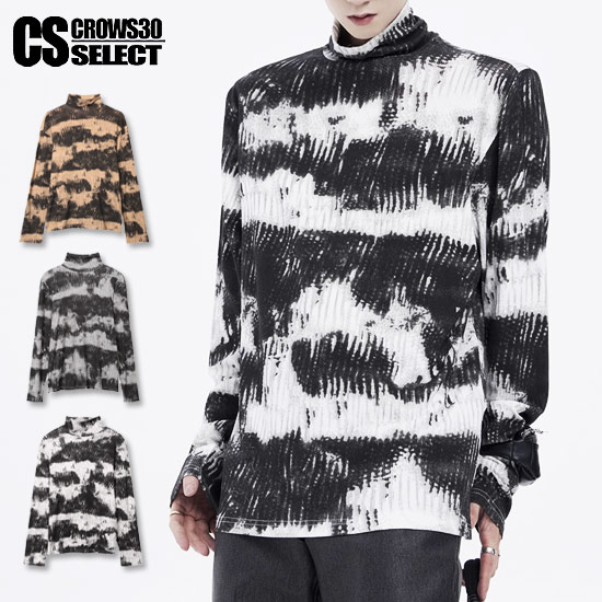 モード系 ロンT メンズ ハイネック Vネック ロンT メンズ ムラ柄 総柄 地雷系 ロングTシャツ ユニセックス ロング丈 ロングTシャツ メンズ 2023 ...