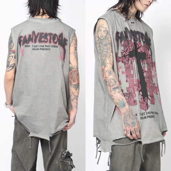 モード系 メンズ タンクトップ メンズ ダメージ Tシャツ メンズ モード系 ロングタンクトップ レディース 十字架 クロス ロングカットソー メンズ モード系 ファッション V系 カットソー 大きいサイズ 新作 お兄系 ホスト ヴィジュアル系 ファッション バンド ステージ衣装