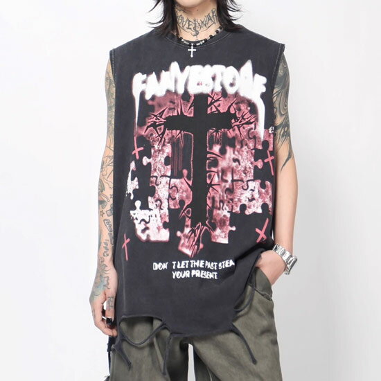 モード系 メンズ タンクトップ メンズ ダメージ Tシャツ メンズ モード系 ロングタンクトップ レディース 十字架 クロス ロングカットソー メンズ モード系 ファッション V系 カットソー 大きいサイズ 新作 お兄系 ホスト ヴィジュアル系 ファッション バンド ステージ衣装