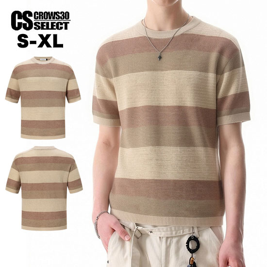 乐天商城 - モード系 メンズ Tシャツ メンズ ヘンリーネック モード系 ニットソー メンズ 半袖 セーター メンズ V系 サマーニット カットソー ボーダー 春 夏 新作 お兄系 ホスト V系 ヴィジュアル系 ファッション ストリート系ファッション スカート男士 衣装 韓国 ファッション