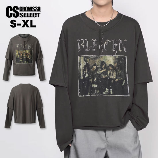 Rakuten - モード系 ロンT メンズ 長袖 tシャツ V系 ロングTシャツ メンズ トップス モード系 メンズ Tシャツ レディース ヴィンテージ 洋画 重ね着 レイヤードカットソー ヴィジュアル系 ファッション スカート男子 V系 トップス ヴィジュアル系 ファッション 衣装 韓国 ファッション