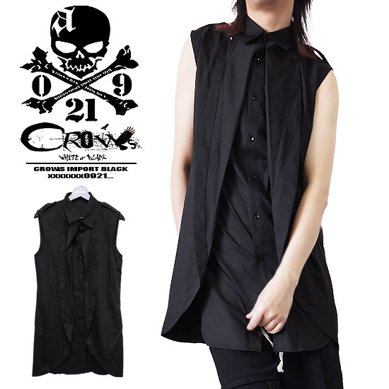 モード系 メンズ シャツ メンズ V系 ロングシャツ メンズ ノースリーブ シャツ 変形 ナポレオンシャツ モード系 レディース 重ね着風 シャツ ヴィジュアル系 ファッション スカート男子