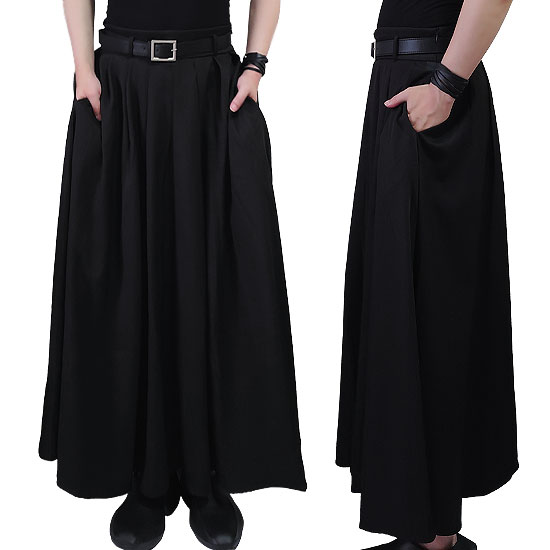 ロングスカート メンズ スカート メンズファッション ブラック 黒 変形 モード系 メンズ ワイドパンツ ワイドスカート 袴パンツ ベルト 新作 秋 冬 個性的 きれい目 ホスト V系 ビジュアル系 モード系 ストリート系 ビター系 BITTER系 衣装 スタイル