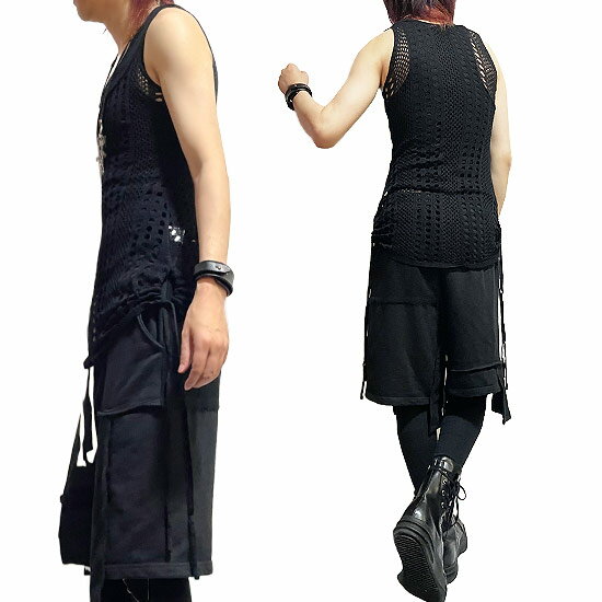 モード系 タンクトップ メンズ V系 タンクトップ レディース メッシュ タンクトップ レースアップ シースルー スピンドル メンズ Tシャツ メンズ ロング丈 タンク 大きいサイズ 夏 春 新作 ホスト Y2K ヴィジュアル系 ファッション 個性的 衣装 韓国 ファッション alcw