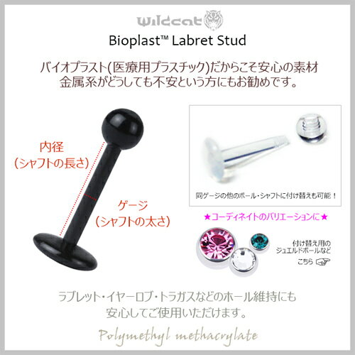 ボディピアス 透明ピアス ラブレットスタッド 16G 14G Bio Plast Labret Stud バイオプラスト クリア 白 黒 医療グレード 無アレルギー イヤーロブ トラガス ラブレット コンク Wildcat ワイルドキャット