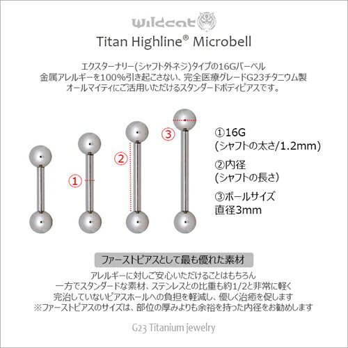 ボディピアス ストレートバーベル Barbell G23 Titanium 16G バーベル マイクロベル サージカル 医療素材 チタン エクスターナリー イヤーロブ ヘリックス コンク ファーストピアス Wildcat ワイルドキャット