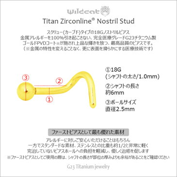 ボディピアス 鼻ピアス 医療チタン Nostril Stud 18G G23 Titanium Gold PVD ノストリルスタッド ノストリルスクリュー サージカルチタン ゴールド 鼻用ピアス 2.5mmボール ファーストピアス Wildcat ワイルドキャット