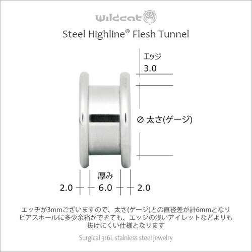 ボディピアス フレッシュトンネル Flesh Tunnel トンネル イヤーレット チューブ プラグ 医療グレード 無アレルギー サージカルステンレス 316L イヤーロブ ホールトゥピアス ラージホール 22mm 24mm 26mm 28mm 30mm Wildcat ワイルドキャット