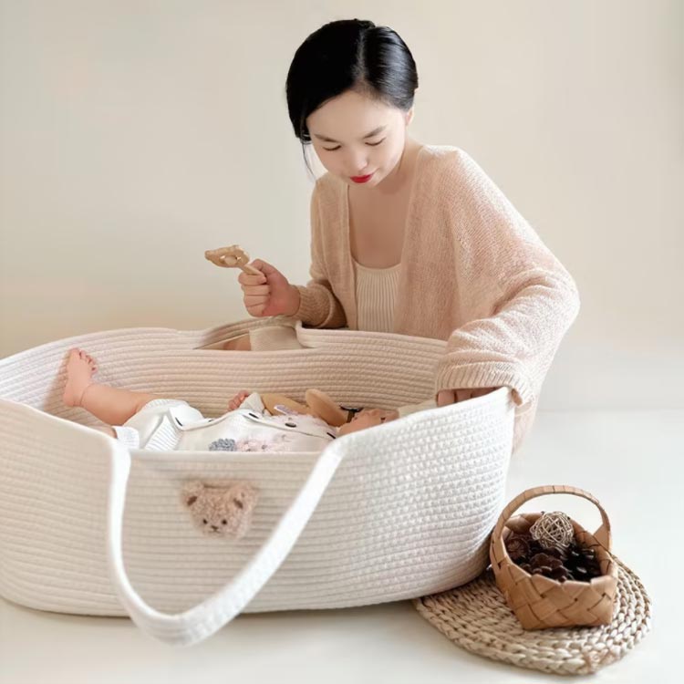 ベビーベッド ベビーバスケット コンパクト クーファン ベビー用 コンパクト バスケット 赤ちゃん 持ち運び かご ベビー クーハン ベビーキャリー 添い寝 ロープ編み 折りたたみ お昼寝 赤ちゃん用 シンプル 春 北欧風 籠