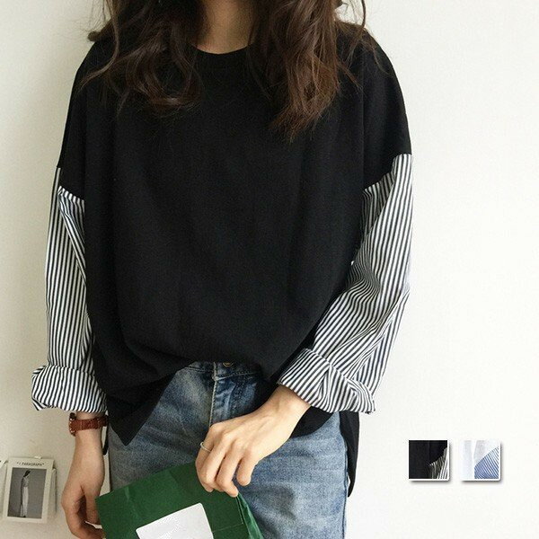 Rakuten - レディース カットソー袖 シャツ トップス ストライプ異素材 切り替え おしゃれ フリーサイズ 30代 上品 メール便 送料無料